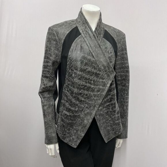 Pure DKNY Crackled Leather Jacket‎ Black Paneled MOTO Size Medium M - Picture 1 of 7